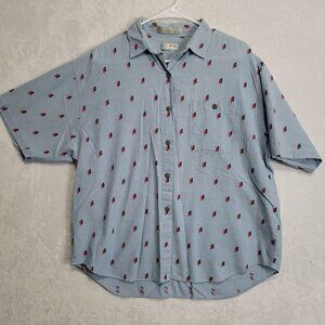 VTG French Navy Men's Button Down Shirt Blue Short Sleeve Cotton Red Blue Sz LG